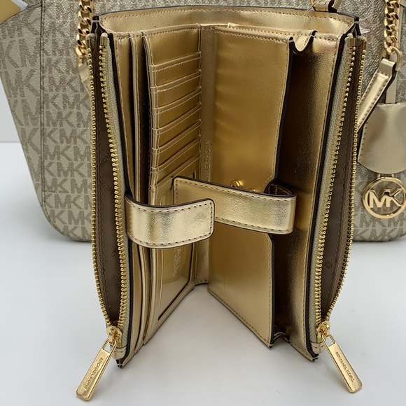 MICHAEL KORS LG  X CHAIN SHOULDER TOTE & Lg Double Zip Wallet PALE GOLD … - Picture 15 of 16